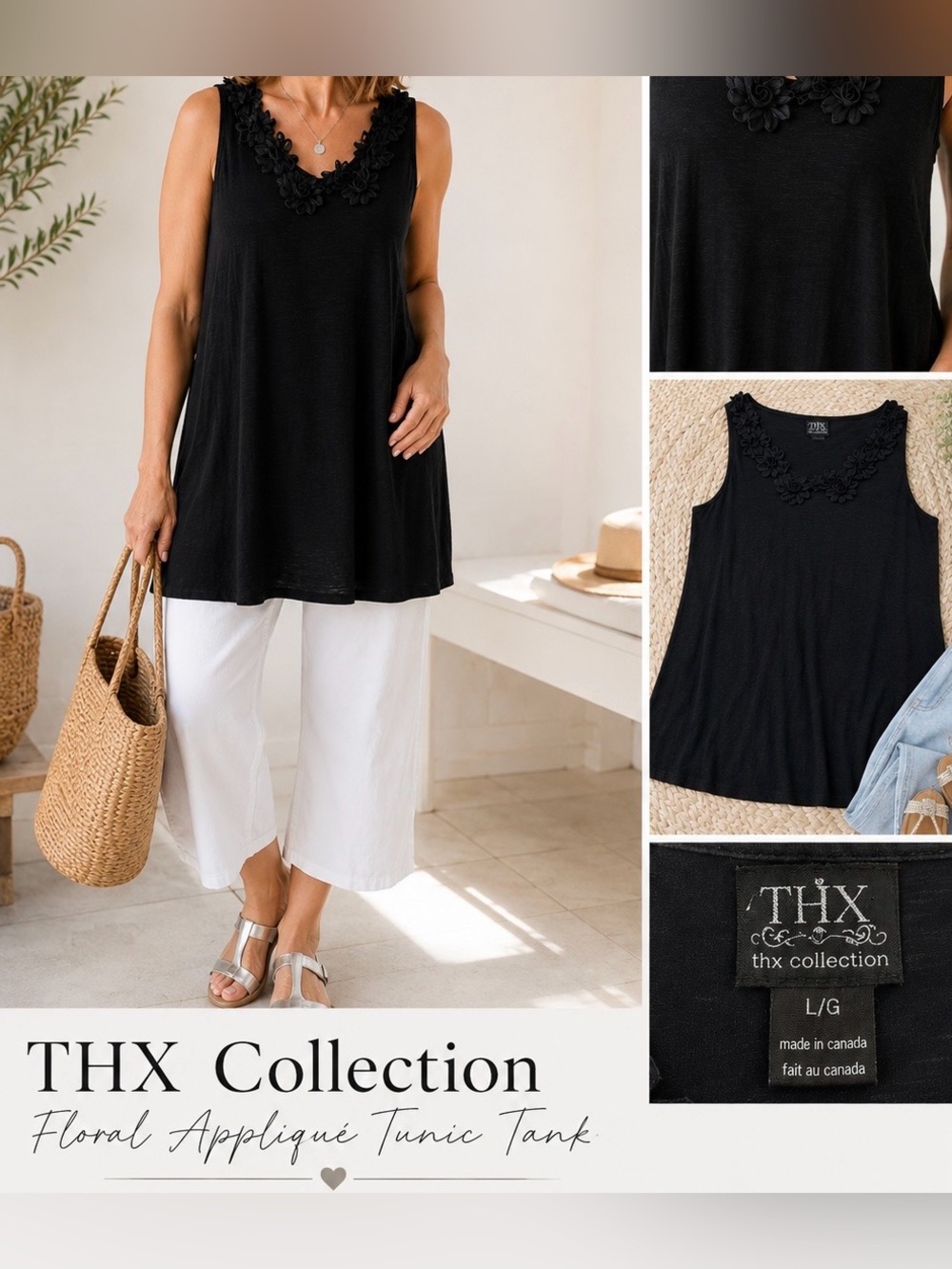 THX Collection Black Floral Appliqué Tunic Tank Top L | Made in Canada